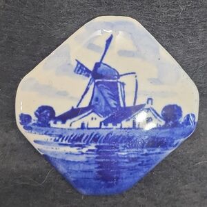 Delft Holland Porcelain Windmill Brooch in Blue and Cream